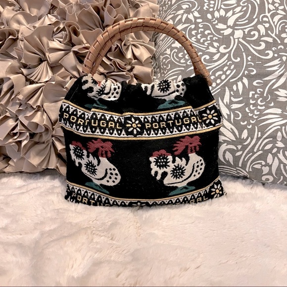 Rooster Rug Fabric Tote Bamboo Handles - Picture 1 of 4